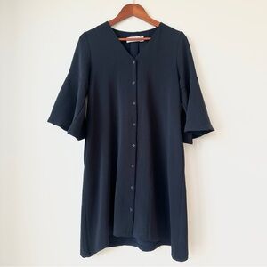 THE EDITOR’S MARKET | TRUMPET SLEEVE MINI V-NECK DRAPEY SHIFT DRESS BUTTON-UP